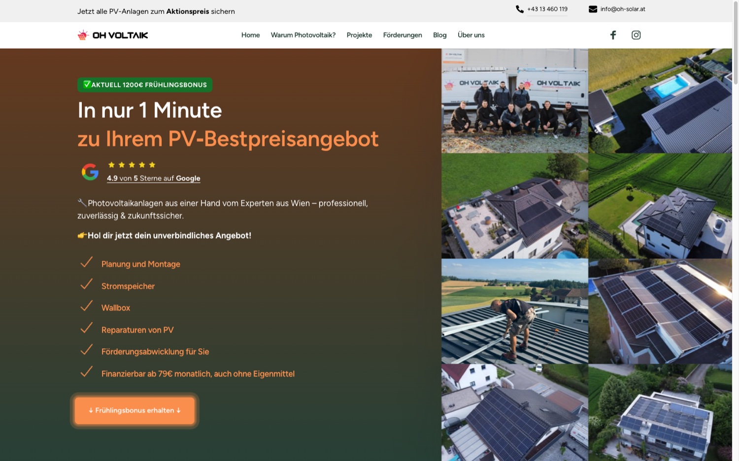 Quiz-Landingpage von OH Voltaik mit echten Projektfotos